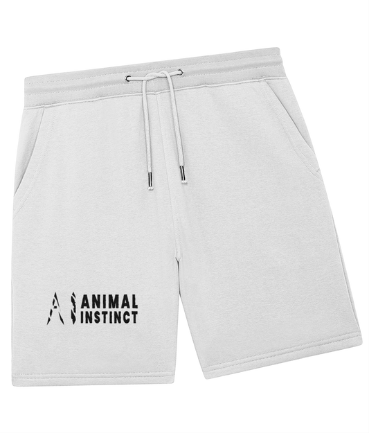 Animal Instinct Trainer Shorts in white with black AI logo and animal instincts written in black on the lower left leg