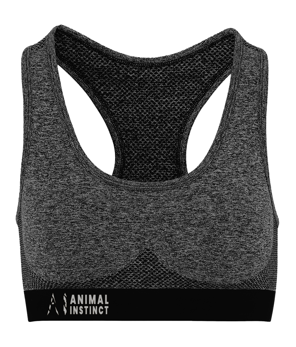 Womens black Athletic Seamless Sports Bra with White AI logo on the left of bottom strap with Animal instinct