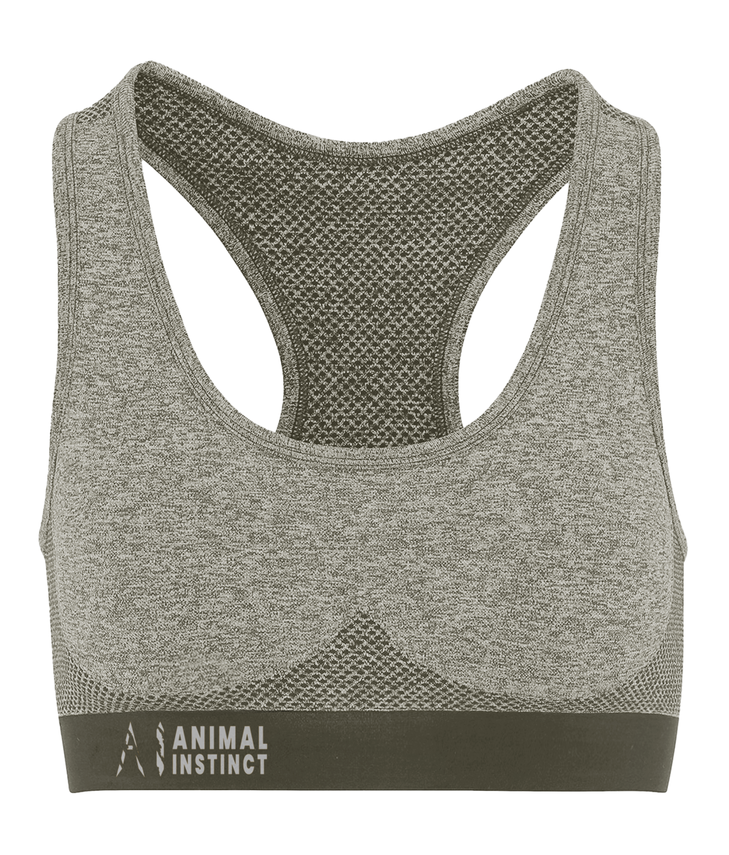 Womens beige Athletic Seamless Sports Bra with White AI logo on the left of bottom strap with Animal instinct