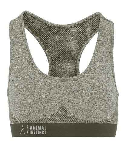 Womens beige Athletic Seamless Sports Bra with White AI logo on the left of bottom strap with Animal instinct