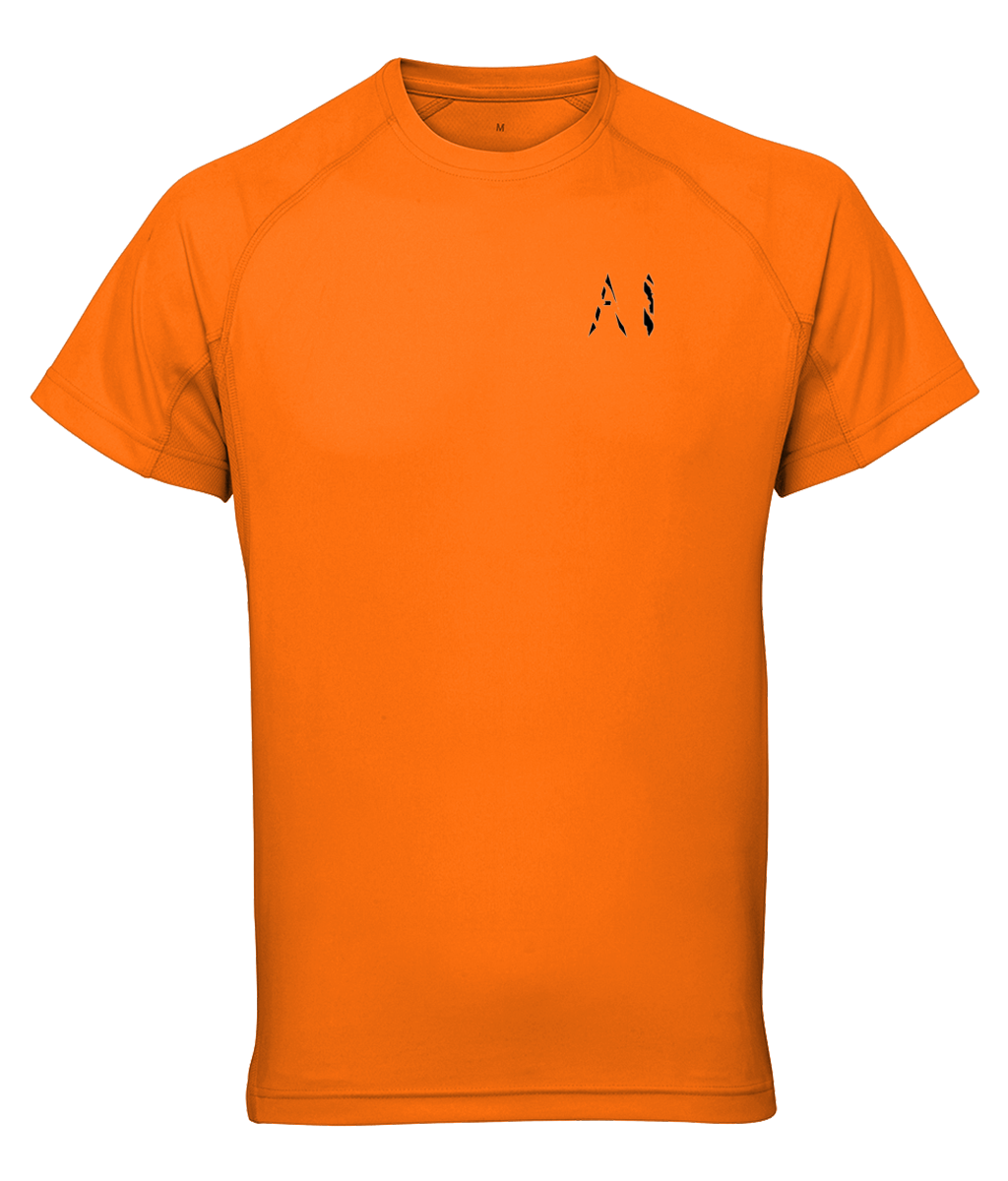 Mens orange Athletic Performance Top with black AI logo on the left chest
