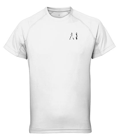 Mens white Athletic Performance Top with black AI logo on the left chest