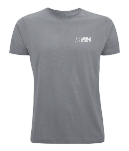 Mens light grey Casual Cotton T-Shirt with White AI logo and Animal Instinct in White writing on the left chest