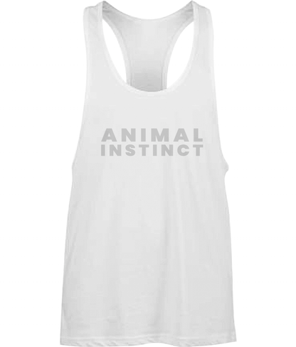 Mens white Workout Hardcore Muscle Vest with large thick Animal Instinct font across the chest