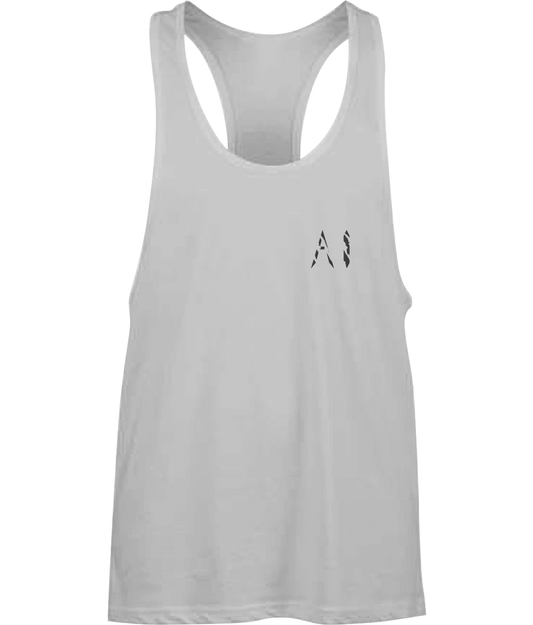 Mens light grey Workout Muscle Vest with black AI logo written on the left chest