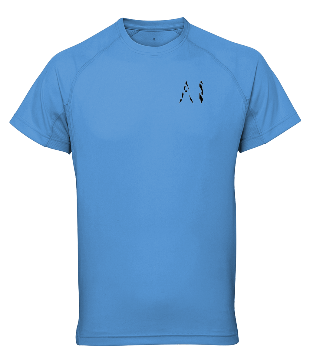 Womens baby blue Athletic Performance Top with black AI logo on left breast