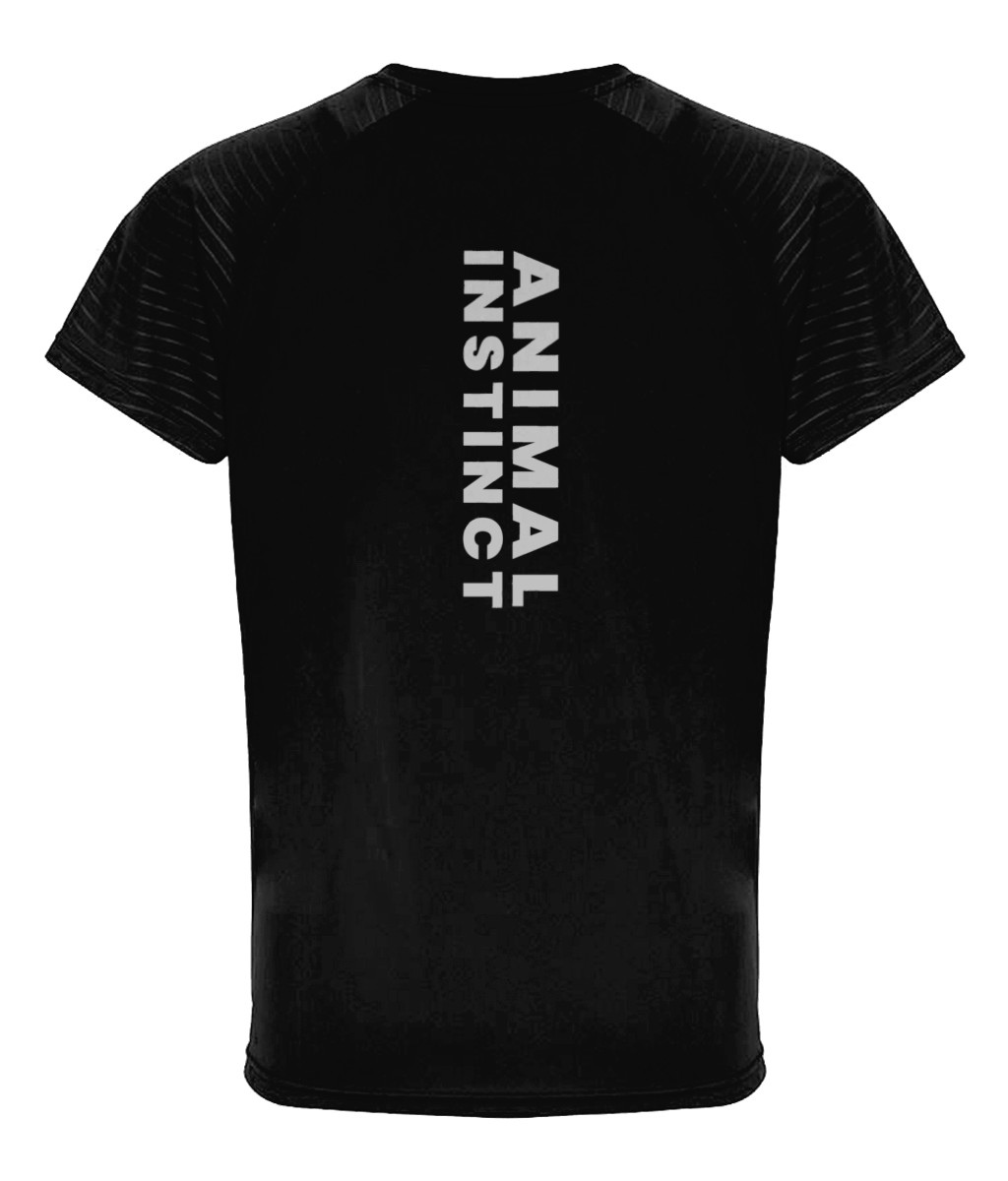 Mens black Embossed Sleeve Premium T-Shirt with Animal Instinct written in bold vertically down the spine on the back of the shirt