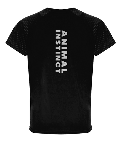 Mens black Embossed Sleeve Premium T-Shirt with Animal Instinct written in bold vertically down the spine on the back of the shirt