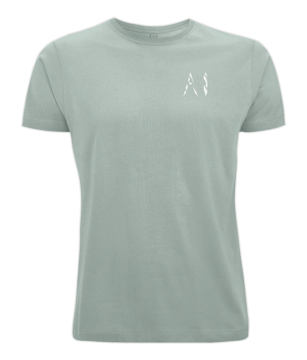 Mens teal Oversized Pump Cover T-Shirt with white AI logo on left chest