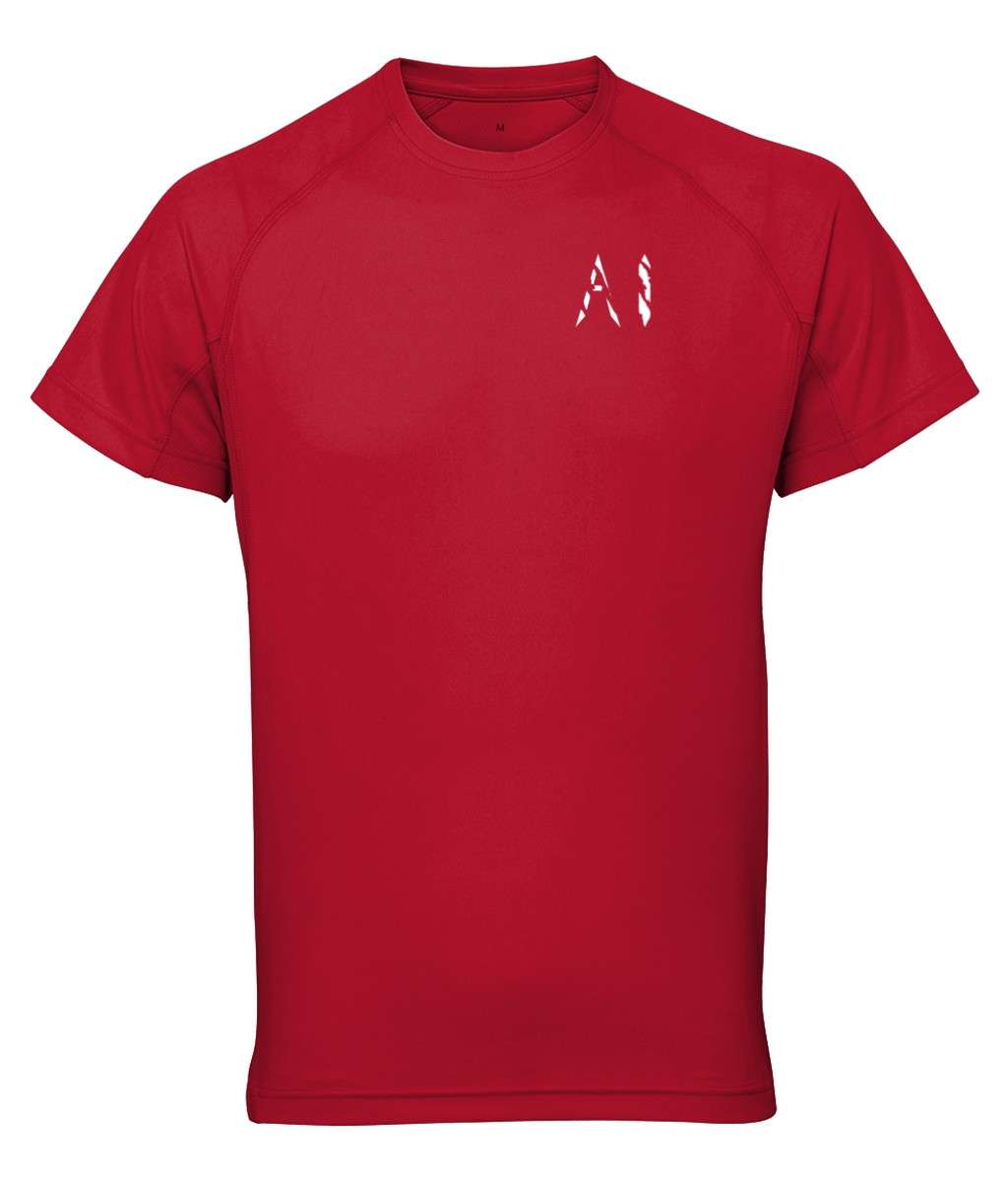 Womens Red Athletic Performance Top with White AI logo on left breast