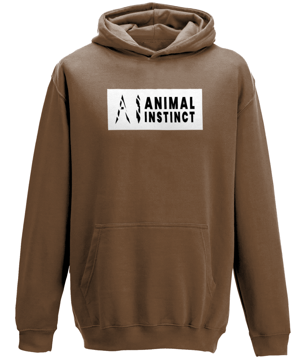 AI Clothing Animal Instinct Dark Brown Hoodie with White Box and Black Writing with Black AI Logo