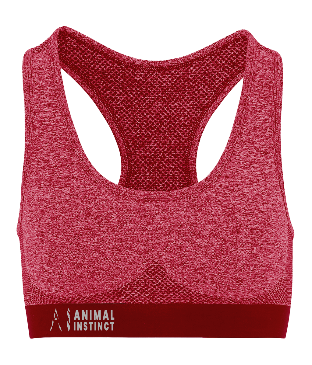 Womens Red Athletic Seamless Sports Bra with White AI logo on the left of bottom strap with Animal instinct