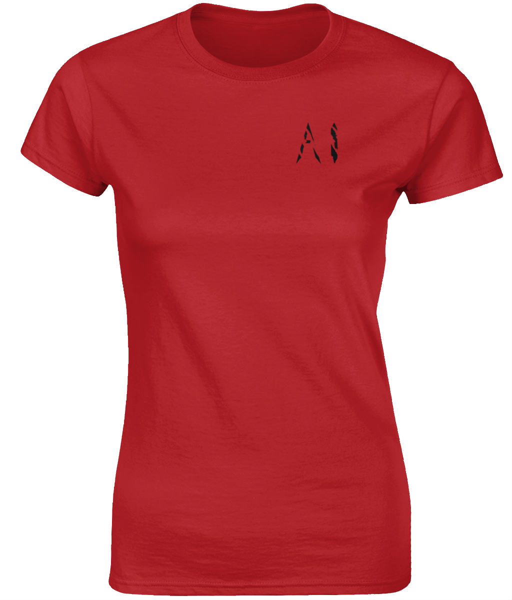 Womens Red Fitted Ringspun T-Shirt with black AI logo on left breast