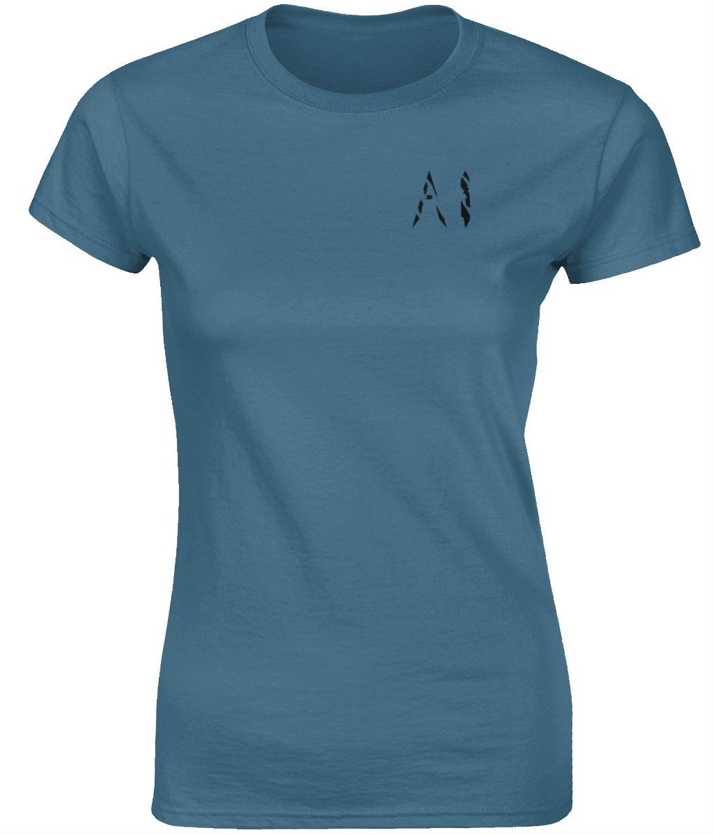 Womens blue grey Fitted Ringspun T-Shirt with black AI logo on left breast