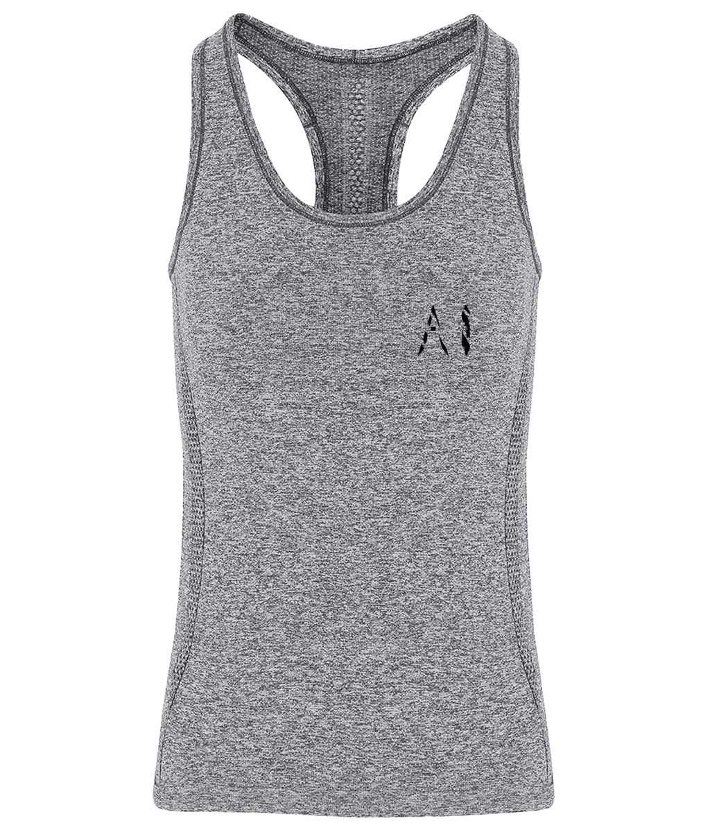 Womens grey Athletic Seamless Sports Vest with Black AI logo on left breast