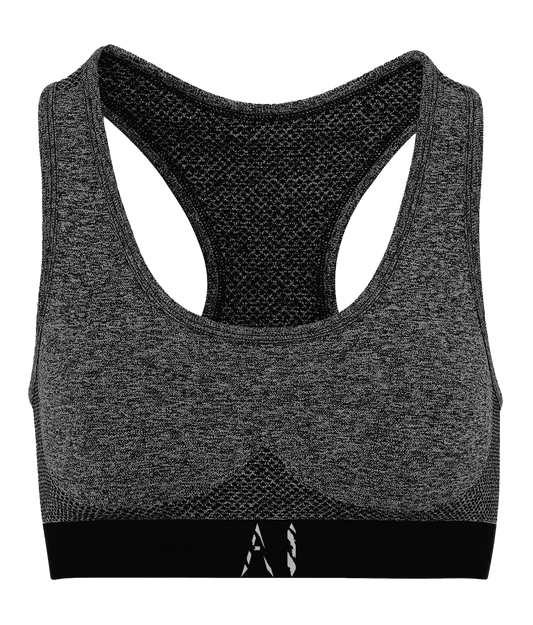 Womens black and grey Athletic Seamless Sports Bra with white AI logo on bottom strap