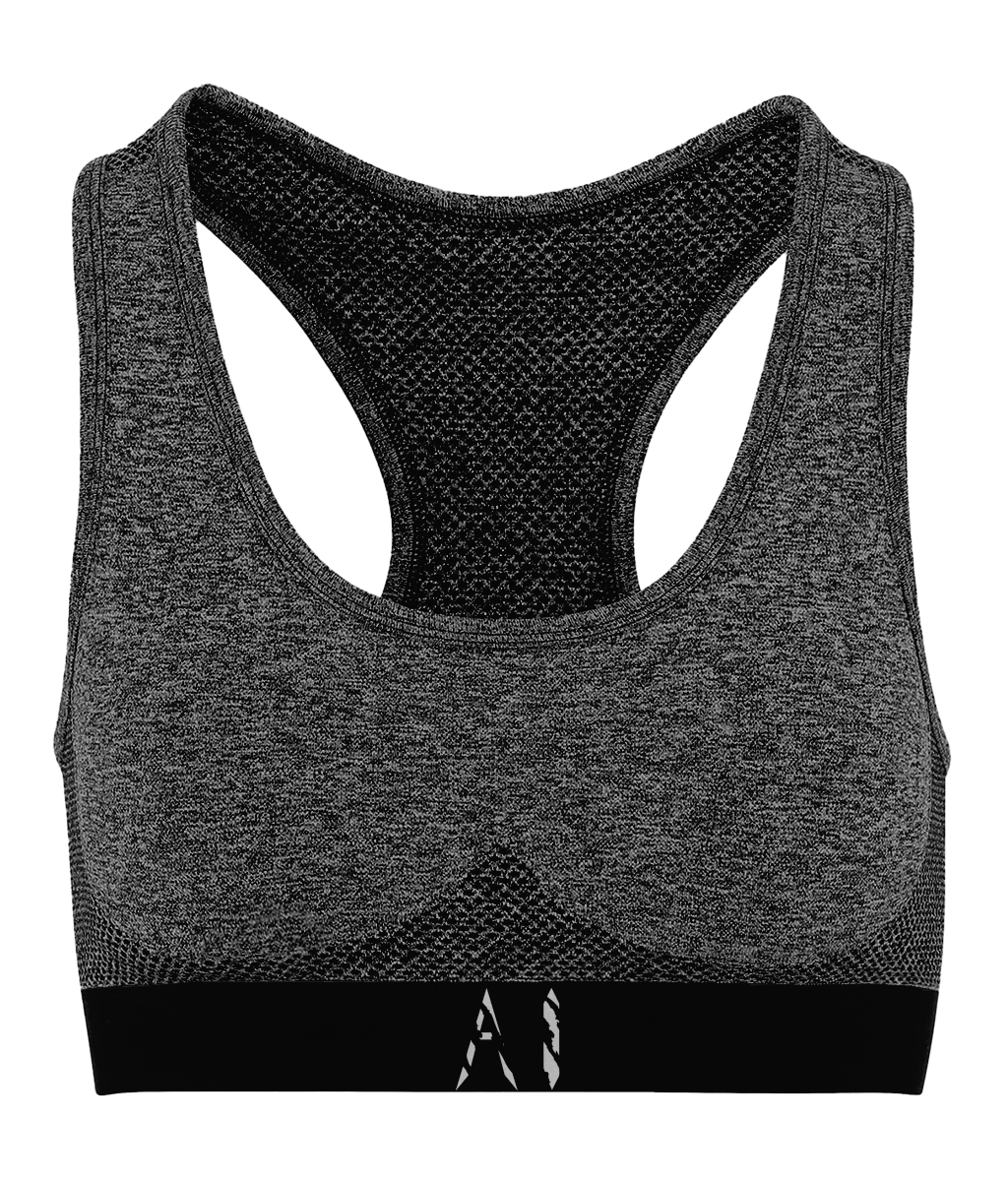 Womens black and grey Athletic Seamless Sports Bra with white AI logo on bottom strap
