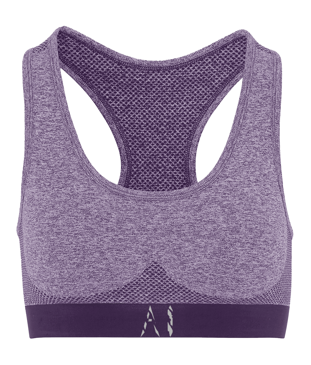 Womens purple Athletic Seamless Sports Bra with white AI logo on bottom strap