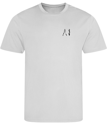 Mens white Athletic Sports Shirt with black AI logo on the left chest