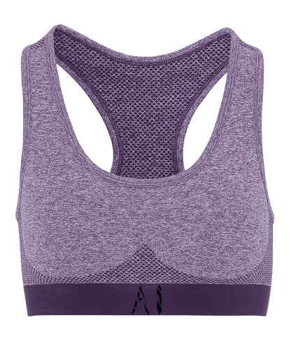 Womens purple Athletic Seamless Sports Bra with Black AI logo on bottom strap