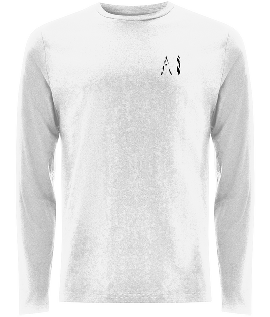 Mens White Classic Long Sleeve T-Shirt with black AI logo on the left side of the chest