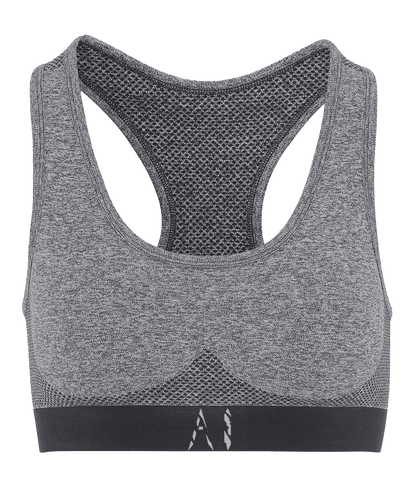 Womens charcoal Athletic Seamless Sports Bra with white AI logo on bottom strap