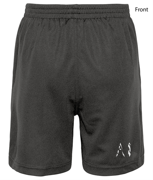 Mens Athletic Sports Shorts Charcoal with white AI logo located on the lower left leg