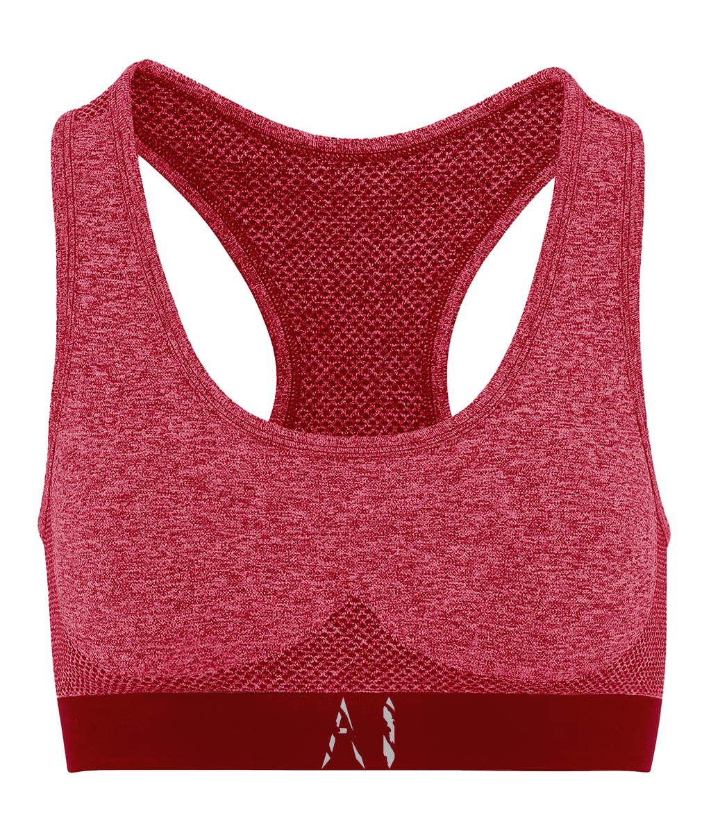 Womens Red Athletic Seamless Sports Bra with white AI logo on bottom strap