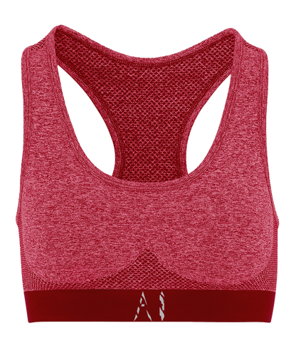 Womens Red Athletic Seamless Sports Bra with white AI logo on bottom strap