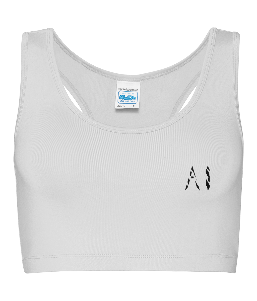 Womens White Athletic Performance Cropped Top with black logo on left breast