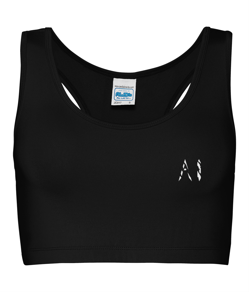 Womens Black Athletic Performance Cropped Top with White logo on left breast