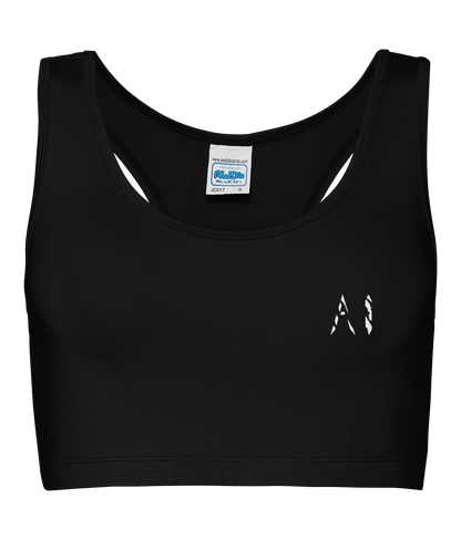 Womens Black Athletic Performance Cropped Top with White logo on left breast