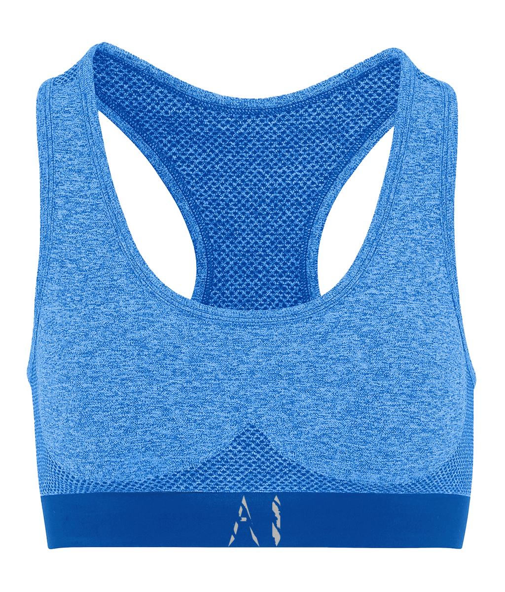 Womens blue Athletic Seamless Sports Bra with white AI logo on bottom strap