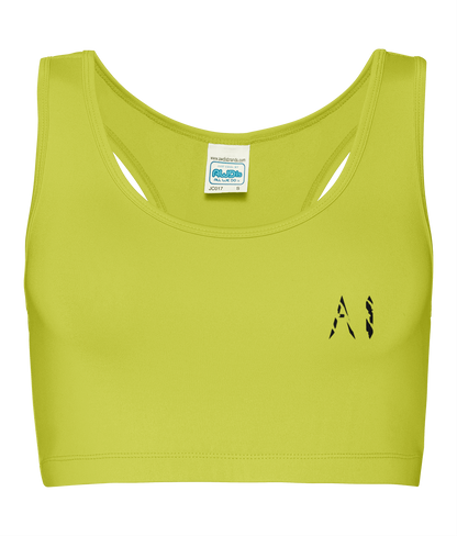 Womens electric yellow Athletic Performance Cropped Top with black logo on left breast