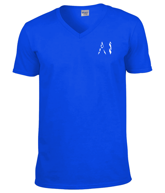 Mens dark blue V Neck T-Shirt with white AI logo located on the left chest