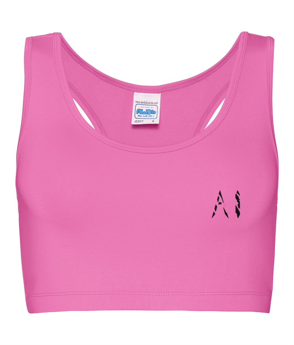 Womens Athletic Performance Cropped rose pink Top with black logo on left breast