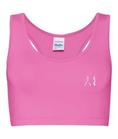 Womens pink Athletic Performance Cropped Top with White logo on left breast