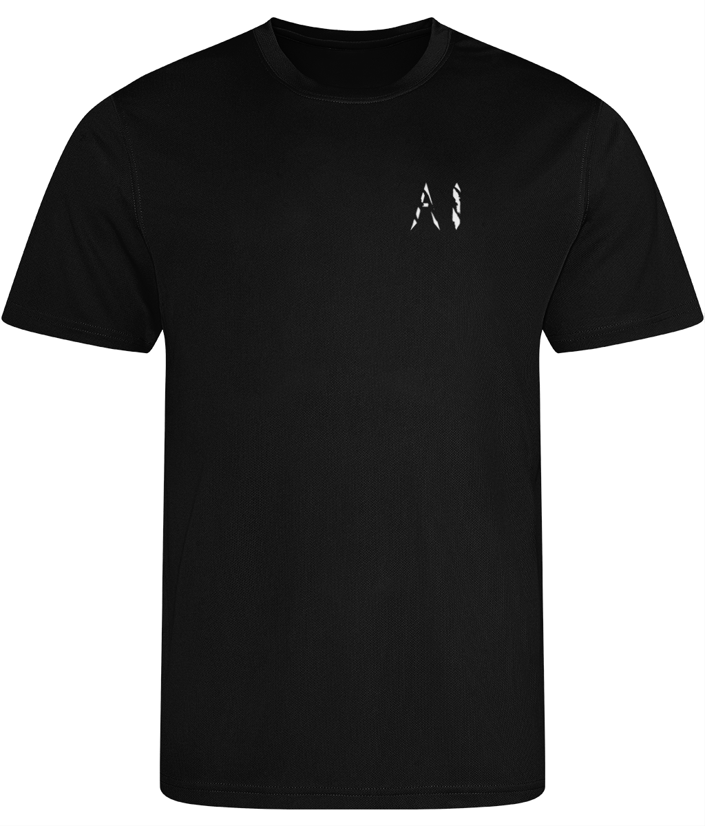 Mens black Athletic Sports Shirt with white AI logo on the left chest