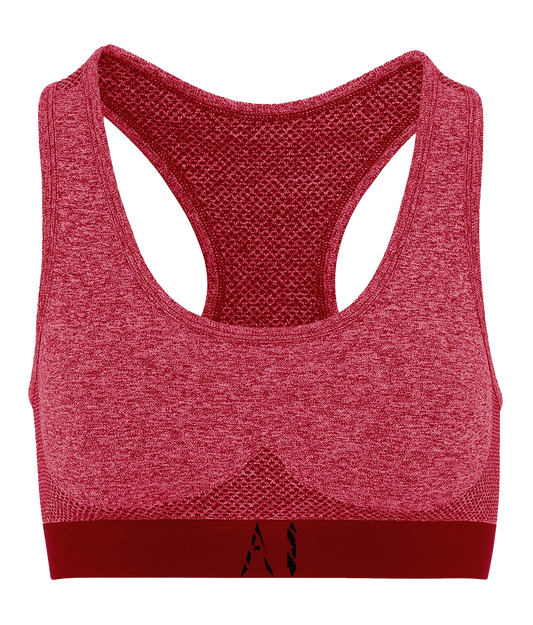 Womens Red Athletic Seamless Sports Bra with Black AI logo on bottom strap