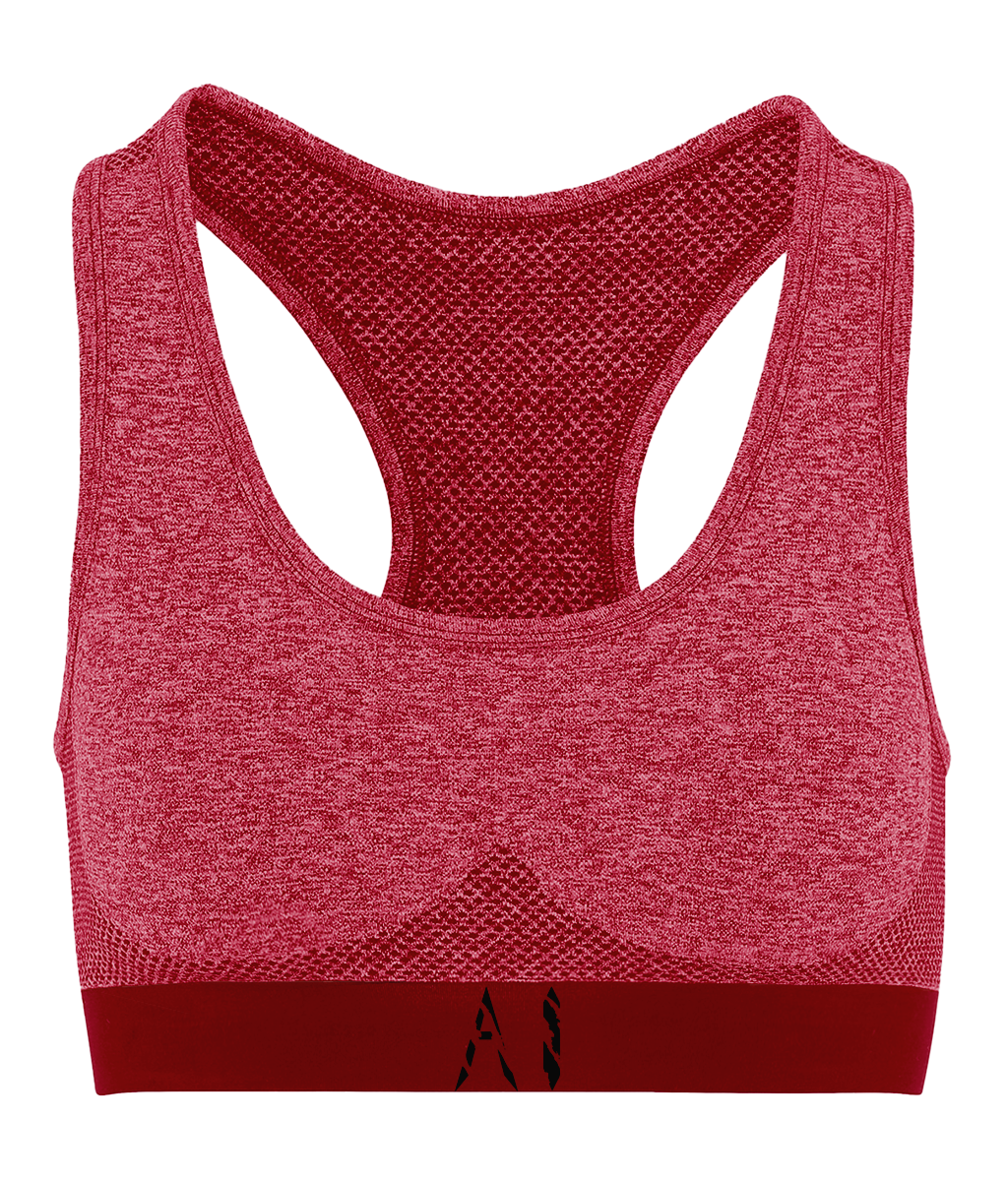 Womens Red Athletic Seamless Sports Bra with Black AI logo on bottom strap