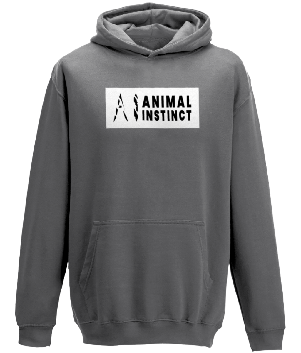 AI Clothing Animal Instinct Dark Grey Hoodie with White Box and Black Writing with Black AI Logo