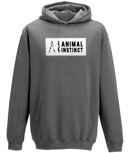 AI Clothing Animal Instinct Dark Grey Hoodie with White Box and Black Writing with Black AI Logo