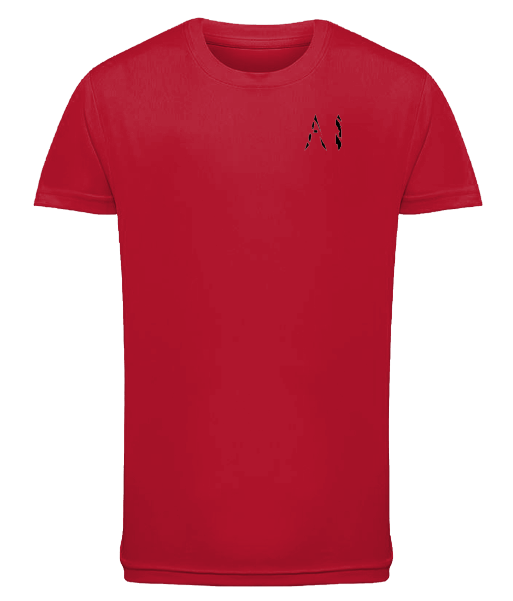 Red Kids Athletic Performance Sports Top with black AI logo on the left chest