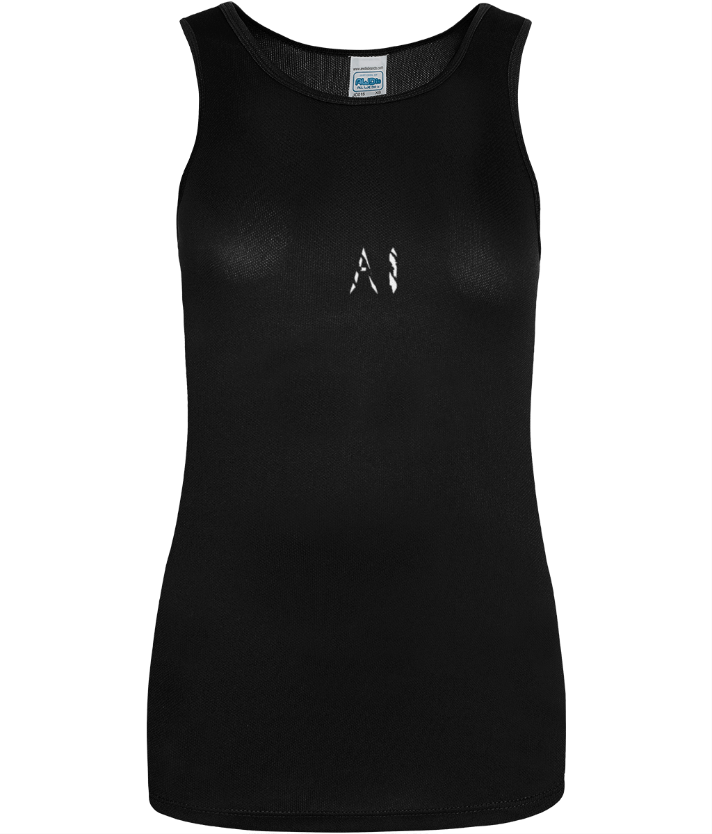 Womens black Workout Sports Vest with white AI logo in centre chest
