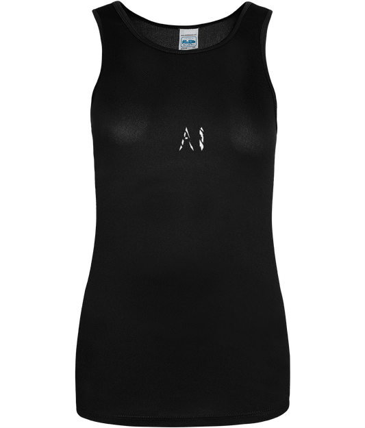 Womens black Workout Sports Vest with white AI logo in centre chest