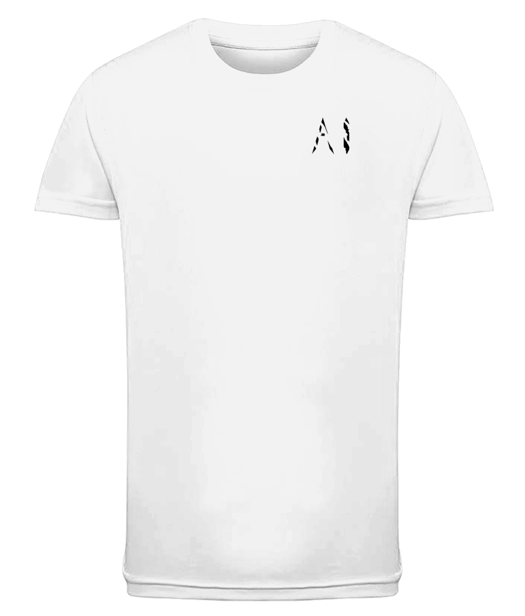 WHite Kids Athletic Performance Sports Top with black AI logo on the left chest