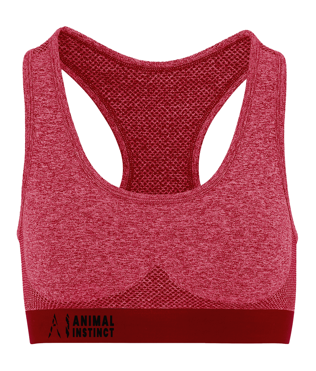 Womens red Athletic Seamless Sports Bra with Black AI logo on the left of bottom strap with Animal instinct