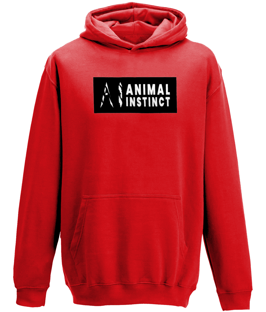 AI Clothing Animal Instinct Red Hoodie with Black Box and White Writing with White AI Logo