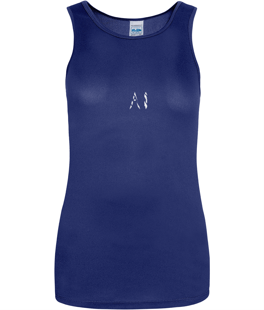 Womens dark blue Workout Sports Vest with white AI logo in centre chest