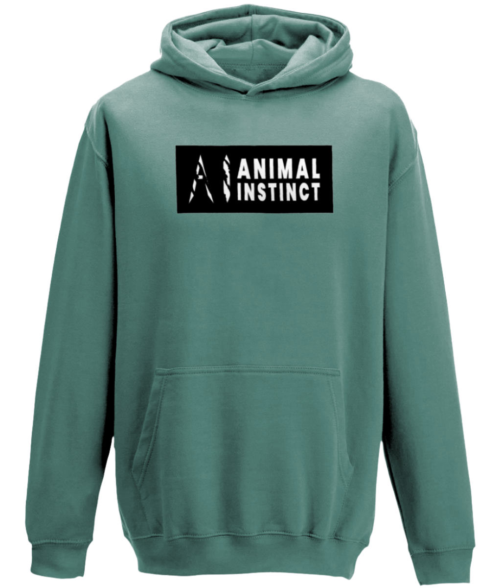 AI Clothing Animal Instinct Green Hoodie with Black Box and White Writing with White AI Logo 